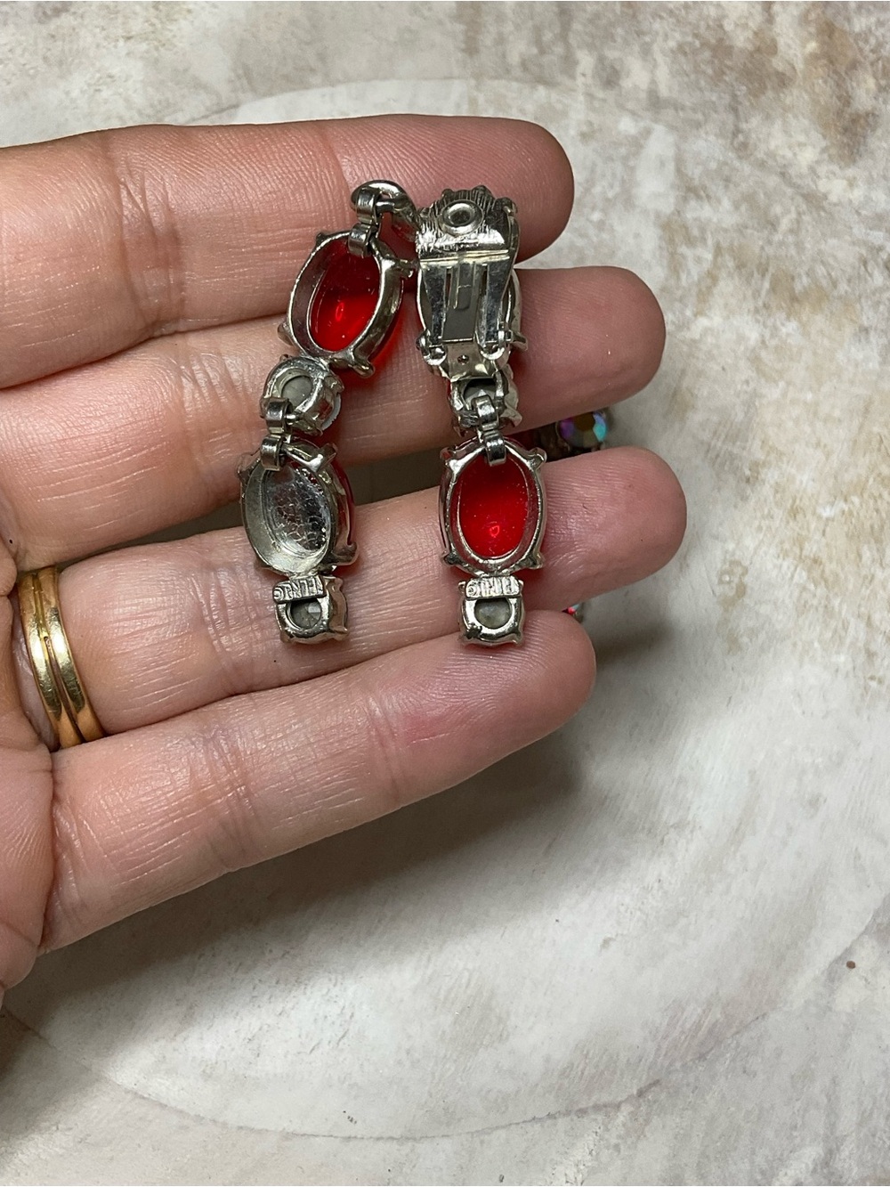 1950s Signed Selro Red Cabochon Statement Earrings - Picture 3 of 8